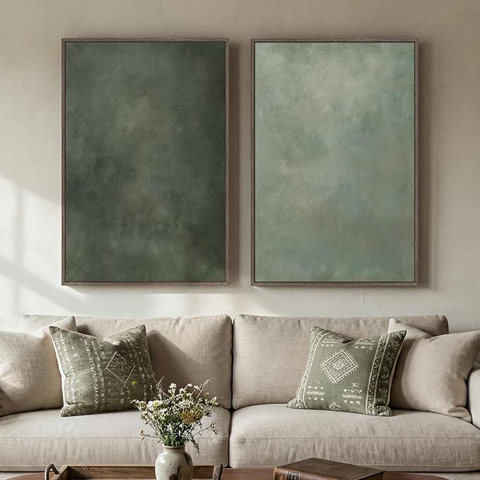 Large Framed Green Abstract Wall Art, 2 Piece Modern Canvas Art Prints Paintings