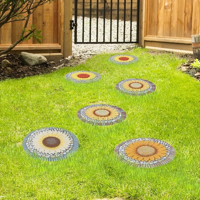 PINPON 4 Pack Sunflower Stepping Stones – 10 Inch Cement Garden Pavers with Colorful Pebble Border, Hand-Painted Outdoor Walkway Stones, Weather-Resistant Decorative Path Stones for Patio & Yard