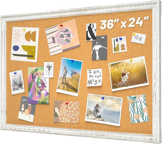 White Cork Board for Wall, 36 x 24 inches Decorative Bulletin Board, Rustic