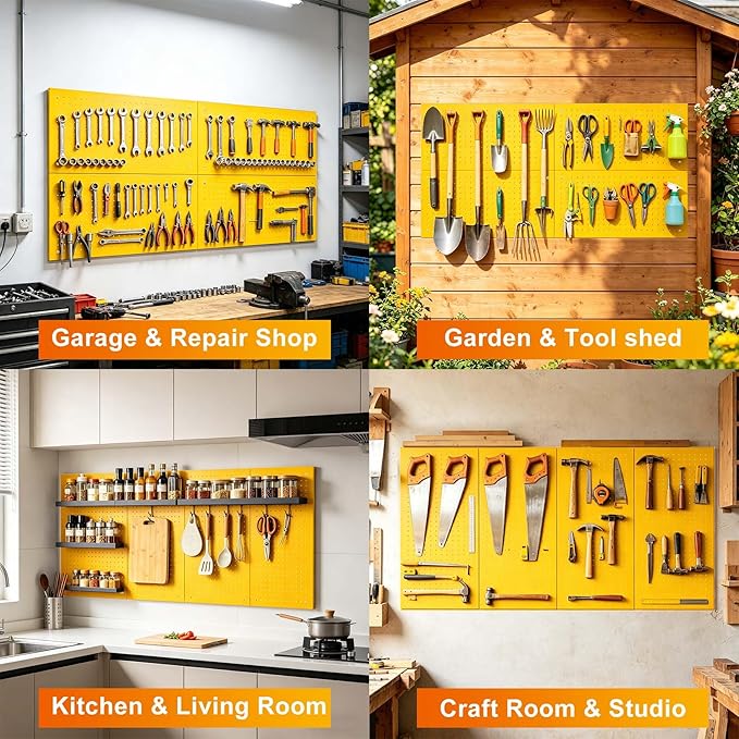 Metal Pegboard Panels,Wall Panels, Heavy Duty Peg Boards for Garage and Garden Tool Storage, Includes Drywall Anchors and Screws Kits, Yellow
