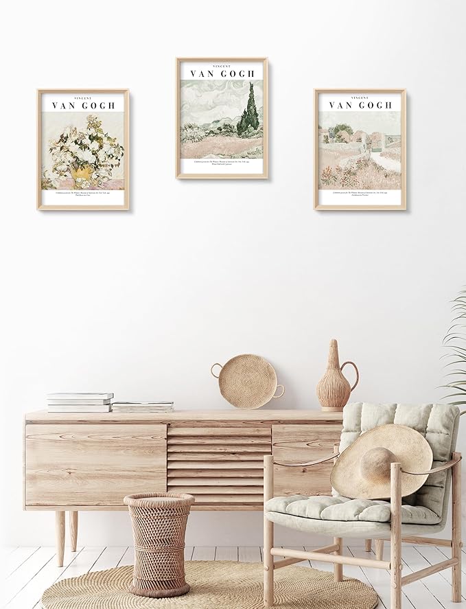 HesenDot Van Gogh High Framed Wall Art Set of 3, 12x16in Neutral Floral Canvas
