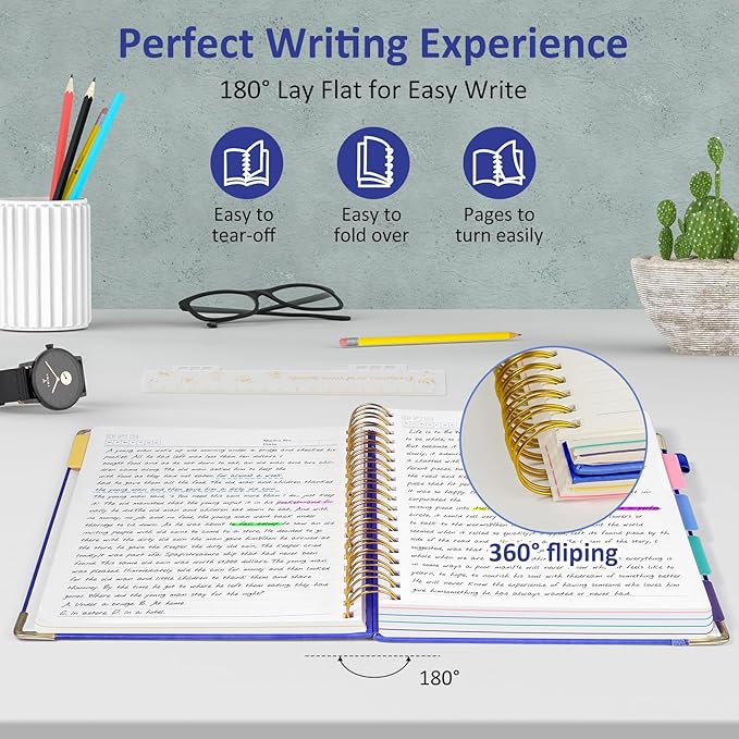 Hardcover Spiral Notebook Journal, 8"x10" Large B5 Notebooks with Removable Dividers Tabs, 300 Pages Leather 5 Subject Notebook College Ruled, Journal for Work School Note, 100 GSM Thick Paper,Blue