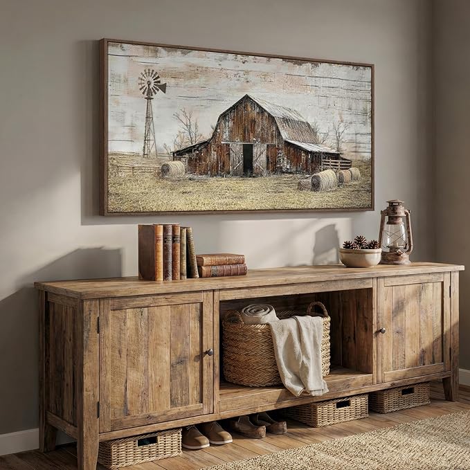Large Framed Farmhouse Wall Art for Living Room, Vintage Rustic Barn Horizontal Canvas Prints, Rustic Country Wall Decor for Bedroom Dining Room Hallway 30x60 Inch