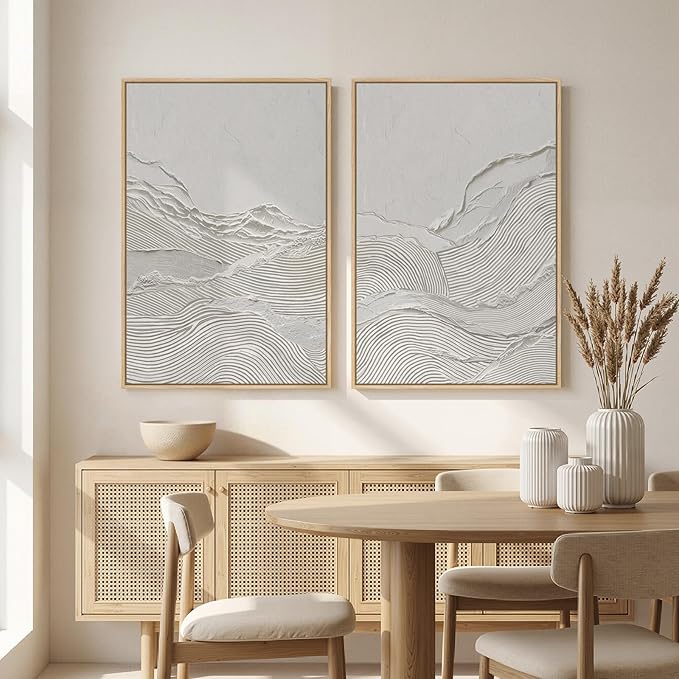 Large Framed White Abstract Wall Art Set of 2