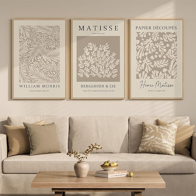 Framed Large Matisse Canvas Wall Art Set of 3, Vintage Neutral Abstract Floral