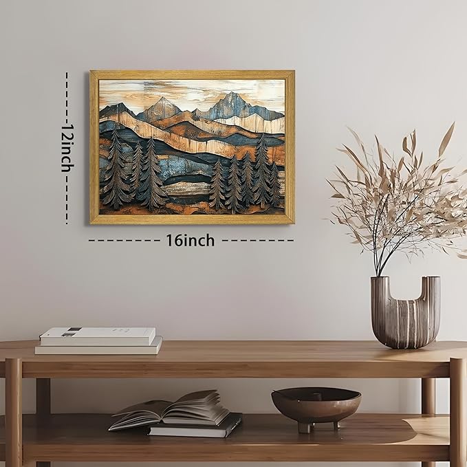 Vintage Boho Mountain Wall Art, Framed Landscape Canvas Wall Art, Nature Forest