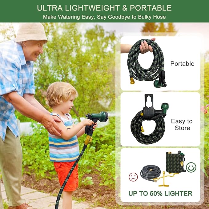 Garden Hose Non-Expandable 75 ft, Lightweight Flexible Water Hose with 10 Function Spray Nozzle, Outdoor Leak Proof, Kink-Free, Portable Hose for Yard, Lawn, Camper, High-Density Fabric, Black Green