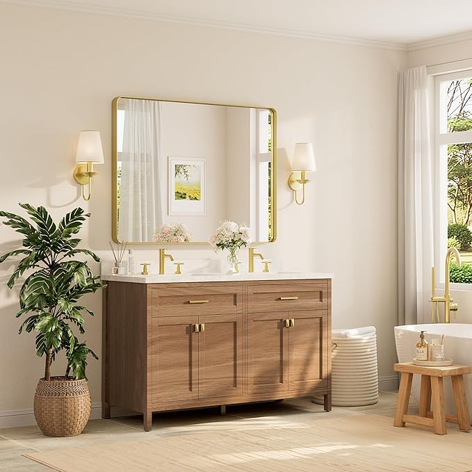 TETOTE 48 x 36 Inch Gold Bathroom Mirror, Champagne Gold Brushed Metal Framed