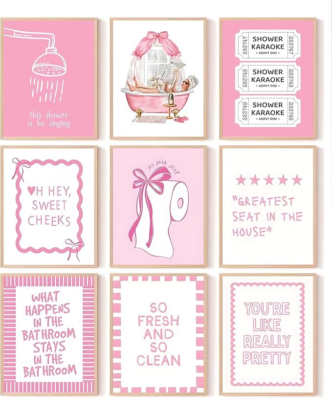 tgguytiy 9Pcs Pink Bow Bathroom Wall Art Prints, Coquette Bowknot Aesthetic