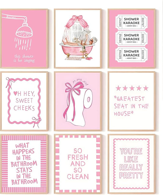 tgguytiy 9Pcs Pink Bow Bathroom Wall Art Prints, Coquette Bowknot Aesthetic
