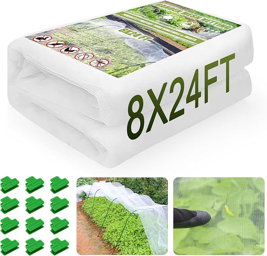 8x24 Ft Garden Netting, Pest Barrier Bird Ultra Fine Mesh Netting with 16 Clips for Garden Raised Beds Garden Plants Net Protection Vegetable Fruit Flowers Outdoor Greenhouse Row Cover