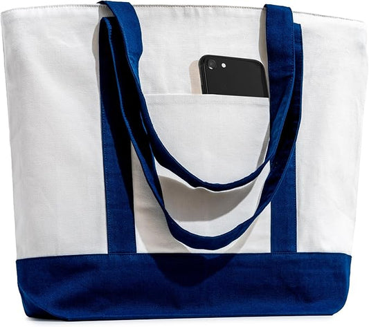 Carrywell (Not Made In China) Canvas Tote Bags with Zipper 6-Pack, 15"x 21", Heavy Duty Organic Cotton With Handles and Front Pocket, Reusable Shopping Totes