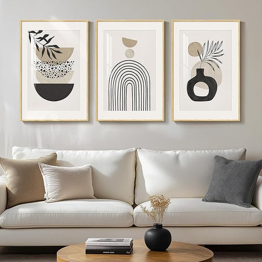 Framed Neutral Boho Wall Art Bedroom, 3 Piece Beige Mid Century Modern