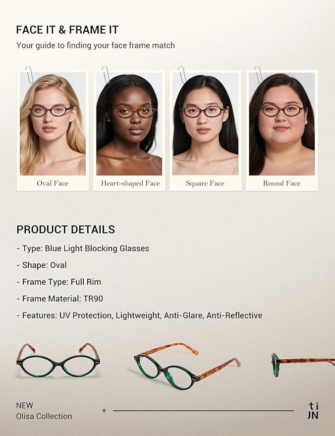 TIJN Olisa Blue Light Blocking Glasses for Women Men,Oval Glasses Frame Bluelight Glasses for Gaming/Computer/Screen