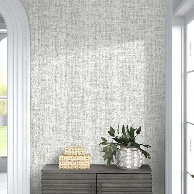 Grey Grasscloth Peel and Stick Wallpaper, Textured Vintage Contact Paper