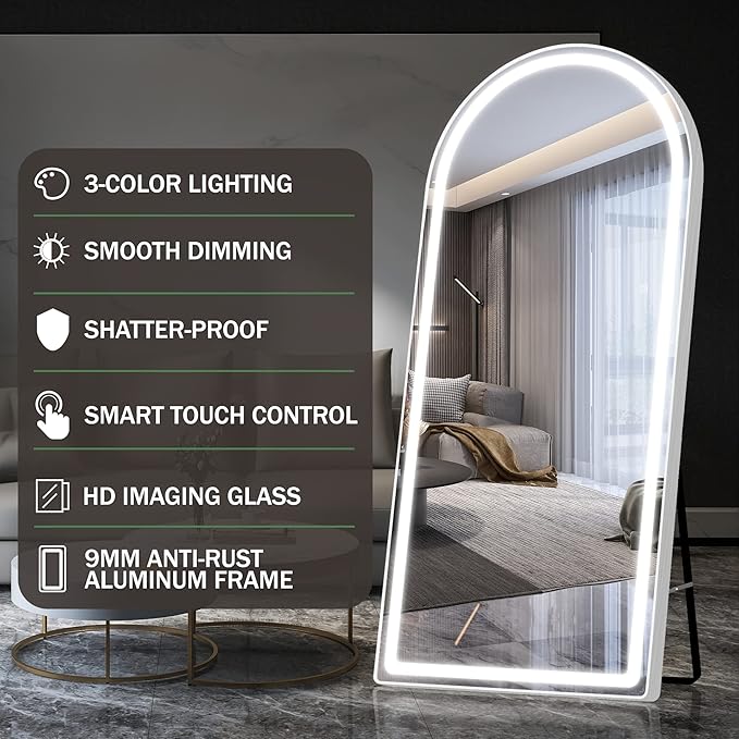 FENNIO Full Length Mirror with Lights, Free Standing Lighted Floor Mirror