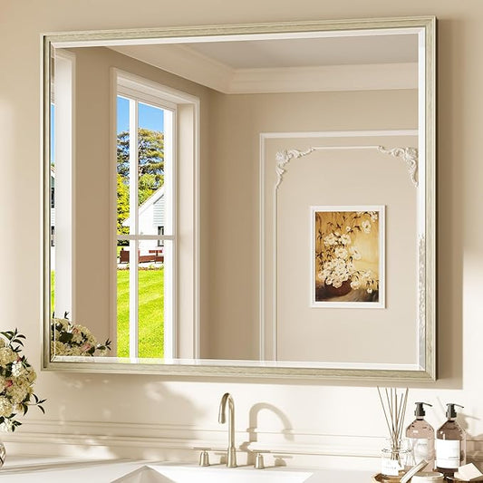 Keonjinn 42" x 36" Brushed Nickel Bathroom Vanity Mirror, Large Silver Bathroom