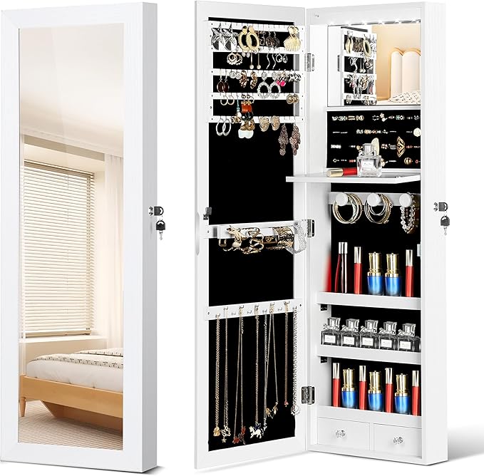 Mirror Jewelry Cabinet, Wall/Door Mounted Jewelry Armoire