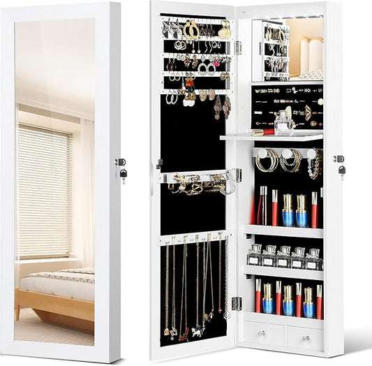 Mirror Jewelry Cabinet, Wall/Door Mounted Jewelry Armoire