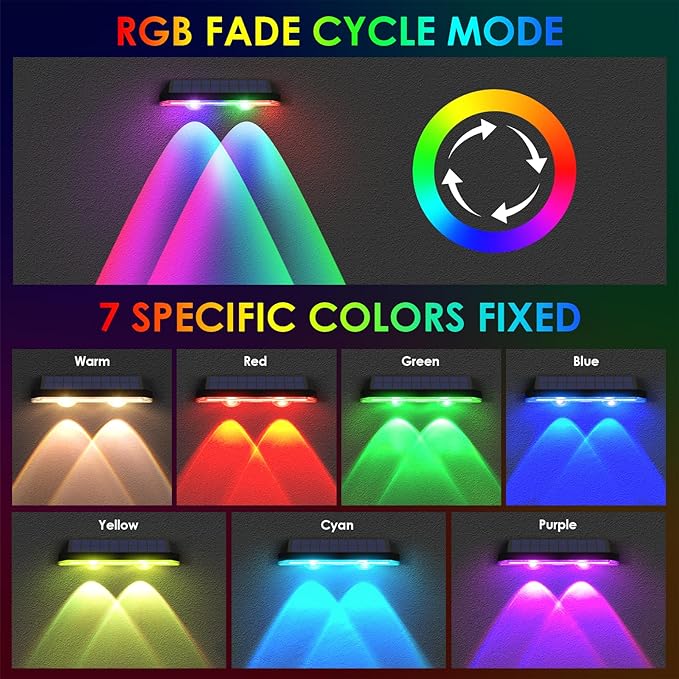 LIANGLOME Solar Fence Lights Outdoor, 2PK RGB Solar Lights
