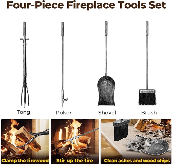 AMAGABELI GARDEN & HOME Firewood Rack Indoor with Tools 5-Piece Fireplace Tools Set Wood Holder Wrought Iron Log Holder Firewood Storage Rack for Fireplace,Fire Pit,Wood Stove Antique Silver