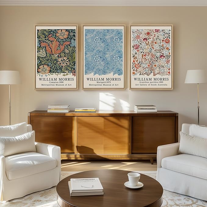 Framed William Morris Wall Art Set of 3, Large Vintage Floral Botanical Canvas