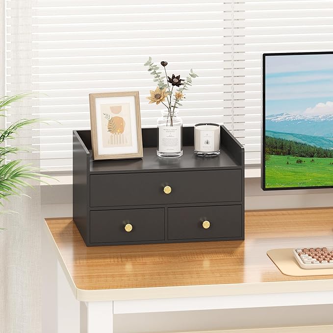 Bamboo Desk Organizer with Drawers Wooden Desktop Storage Drawers for Bills Office Supplies Kitchen Utensils Organizing Tool for Home Classroom Organization No Assembly (3 Drawers, Black)