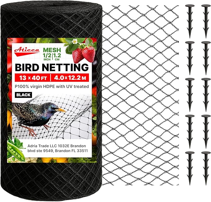 ATICCA Heavy Duty Bird Netting for Garden Protection & Fruit Trees, 13x40 Ft with 10 Stakes â Black Anti-Bird Net for Poultry, Deer, & Squirrel Protection, Durable Nylon Mesh for Garden and Yard Use