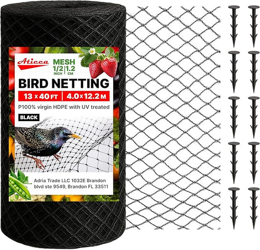 ATICCA Heavy Duty Bird Netting for Garden Protection & Fruit Trees, 13x40 Ft with 10 Stakes â Black Anti-Bird Net for Poultry, Deer, & Squirrel Protection, Durable Nylon Mesh for Garden and Yard Use