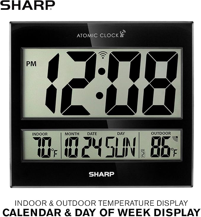 Sharp Atomic Clock – Never Needs Setting, Jumbo 3” Easy-Read Display, Indoor &
