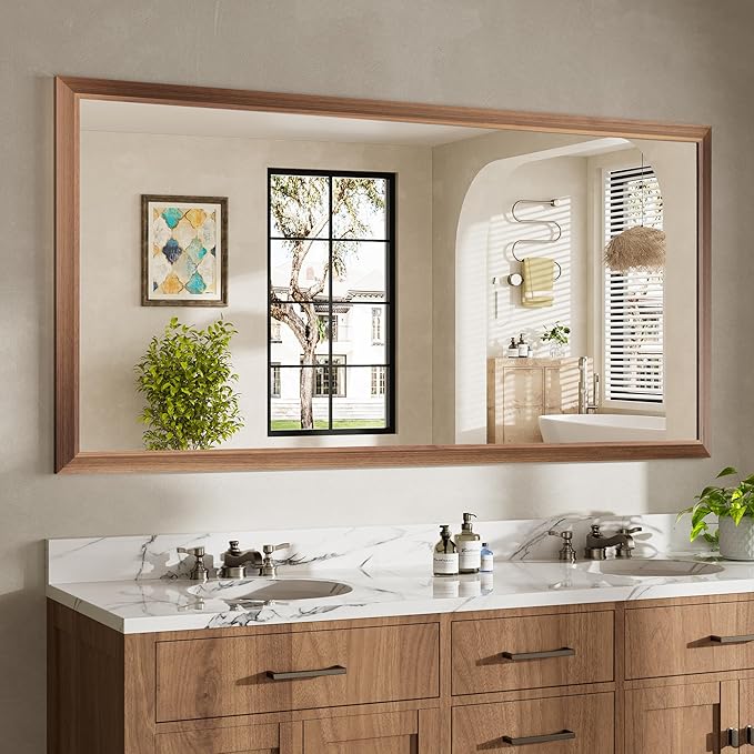 72x36 Inch Bathroom Mirror for Wall, Anti-Rust Walnut Wood Grain Metal Framed