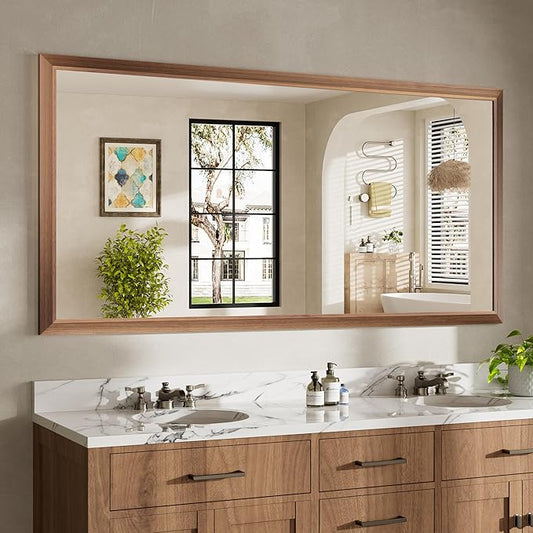 72x36 Inch Bathroom Mirror for Wall, Anti-Rust Walnut Wood Grain Metal Framed