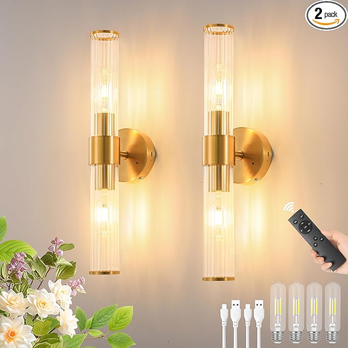 Morauroral Gold Battery Operated Wall Sconces Set of Two, Rechargeable Wall