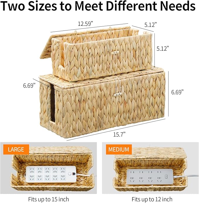 Cable Management Box,Hand-Woven Water Hyacinth Decorative Cord Organizer,2 Side Open Slots Wicker Cable Box to Hide Cords and Power Strip,for Desk, Floor, Office,2 Pack