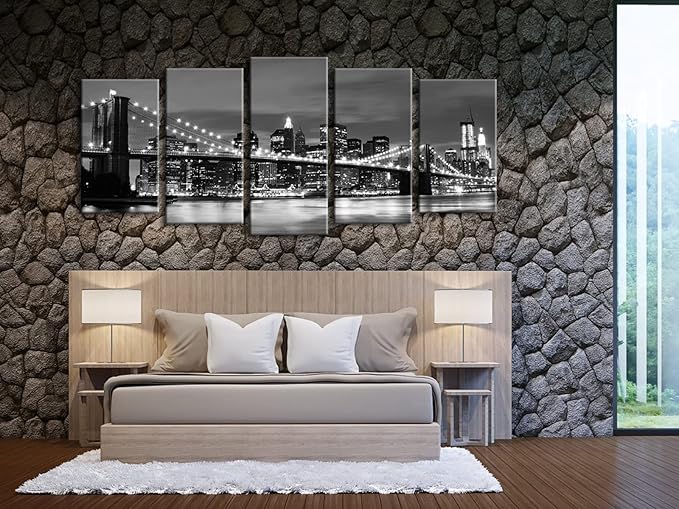 Wieco Art Large Brooklyn Bridge Night View Modern Giclee Canvas Prints Artwork