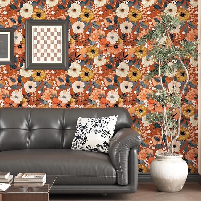 BOKEBEVE Orange Wallpaper Peel and Stick Retro Floral Contact Paper Self
