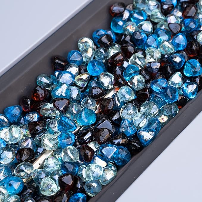 Mr. Fireglass 10 Pounds Blended Fire Glass Diamonds for Fireplace Fire Pit & Lanscaping - 1 inch High Luster Fire Rocks with Mixed Colors (Caribbean Blue+Crystal Ice+Amber)