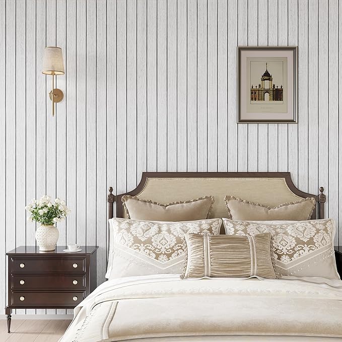 VEELIKE Whitewashed Oak Wood Wall Panel Peel and Stick Foam Slat Panels