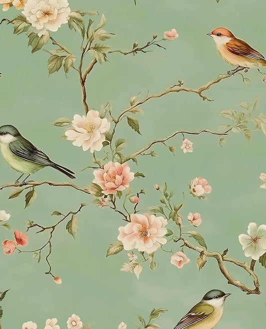 Laatse Green Floral Wallpaper Peel and Stick Bird Wallpaper Pink Flower Contact