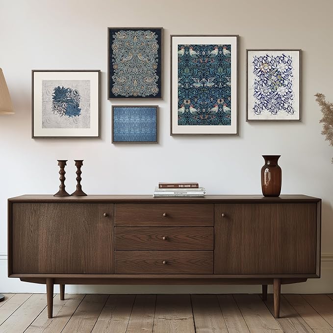 Framed William Morris Wall Art for Living Room, 5 Piece Large Vintage Blue