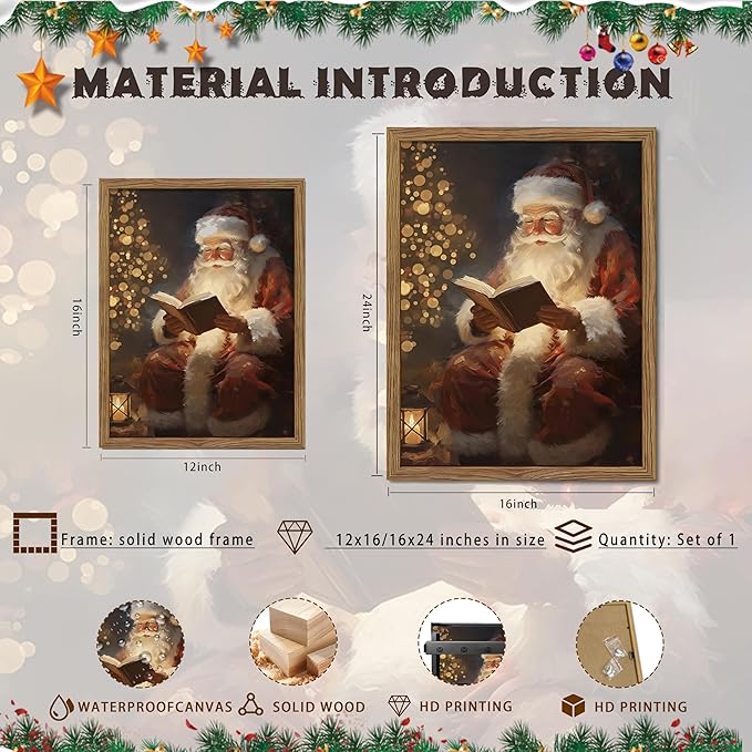 Framed Santa Christmas Wall Art, Vintage Santa Claus Reading Canvas Paintings