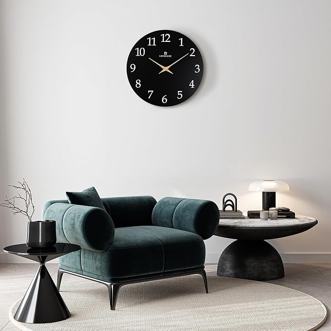 Lafocuse 12 Inch Wooden Black Wall Clock Battery Operated Silent Non-Ticking