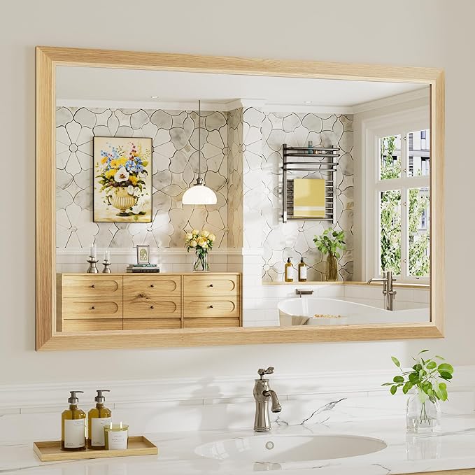 48x32 Inch Bathroom Mirror for Wall, Anti-Rust Oak Wood Grain Metal Framed