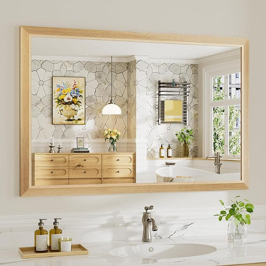 48x32 Inch Bathroom Mirror for Wall, Anti-Rust Oak Wood Grain Metal Framed