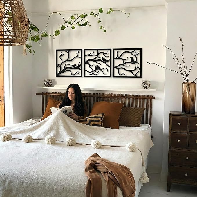 DEKADRON Metal Wall Art, Birds on Branch 3 Pieces, Metal Tree Wall Art, Tree Sign, Metal Wall Decor, Interior and Outdoor Decoration, 3 Panels Wall Hangings (60" W x 20" H / 154x50cm)