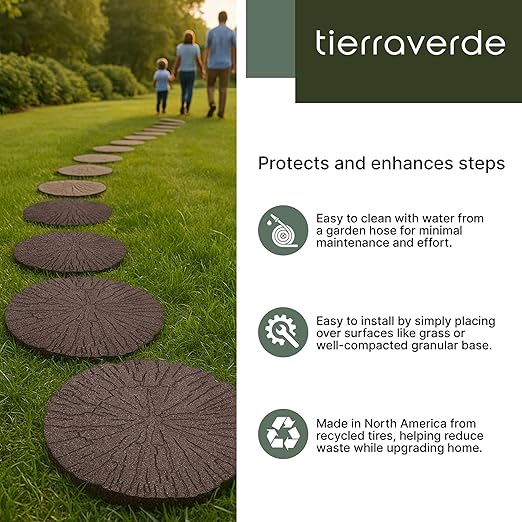 Tierra Verde 4-Pack 18”x18” Fake Cracked Log Rubber Stepping Stones, Round, Brown – Reversible Non-Slip Outdoor Faux Decorative Set for Landscaping – DIY Decor for Walkways & Yard Pathways