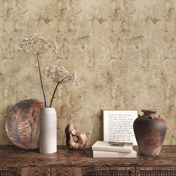 VEELIKE Grunge Cracked Concrete Wallpaper Peel and Stick 118''x32'' Wide Beige