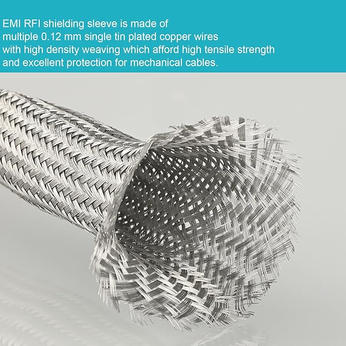 EMI RFI Shielding Wire Loom Metal Tinned Copper Grounding Braided Sheathing Cable Sleeve Mesh ESD Protection Flat Tubular Expandable (1/2" W(0.32" ID)-24FT)