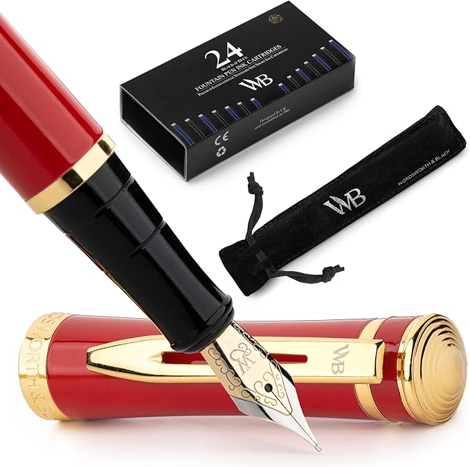 Wordsworth & Black Fountain Pen Set, 18K Gilded Medium Nib, Includes 24 Pack Ink Cartridges, Ink Refill Converter & Gift Pouch, Gold Finish, Calligraphy, [Crimson Red], Perfect for Men & Women