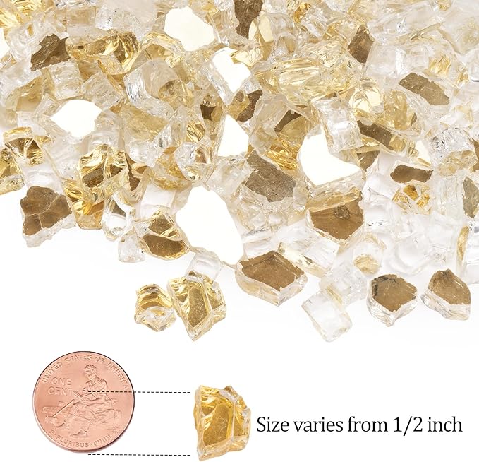 GASPRO 10 lbs Fire Glass for Propane Fire Pit, 1/2-Inch Glass Rocks for Fire Pit Table Fireplace, Gold
